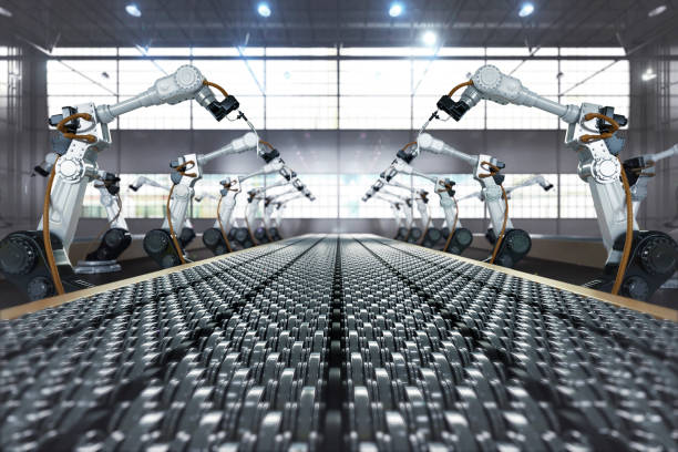 AI in manufacturing environment with robotic arms, factory monitoring systems, and automated quality inspection technology.